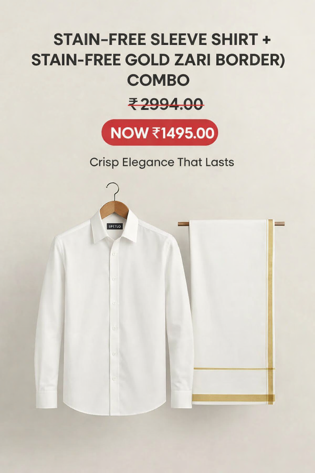 Stain Free Shirt (Full Sleeve) + Stain Free Dhoti (Gold Jari Border) Combo