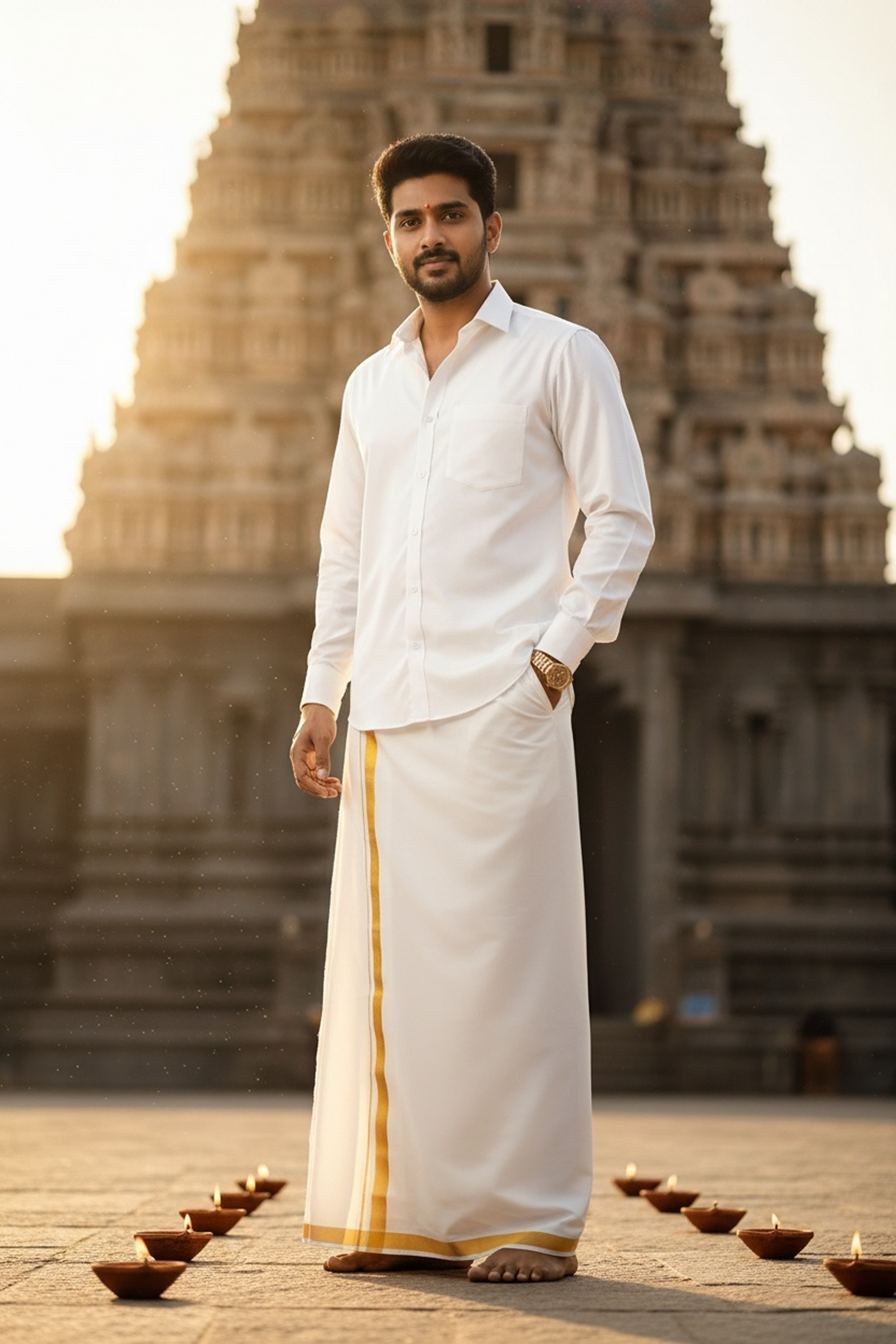 Stain - Free Velcro Dhoti White with Gold Jari