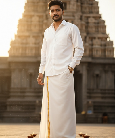 Stain - Free Velcro Dhoti White with Gold Jari