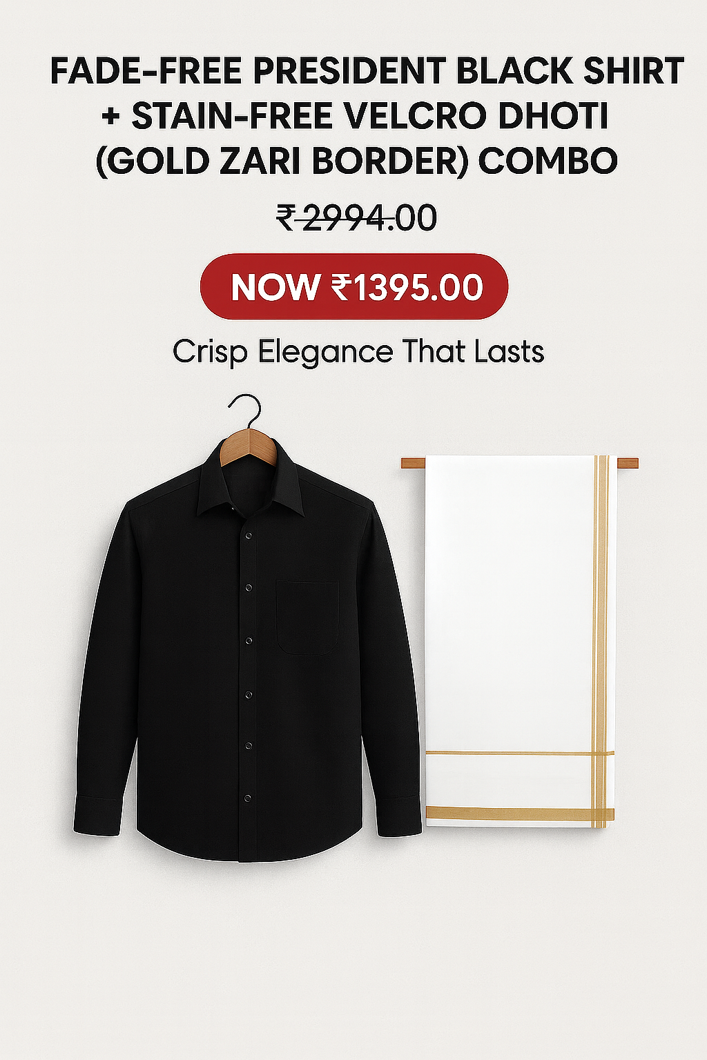 Fade-Free Black Shirt & Stain-Free Dhoti with Gold Zari Combo