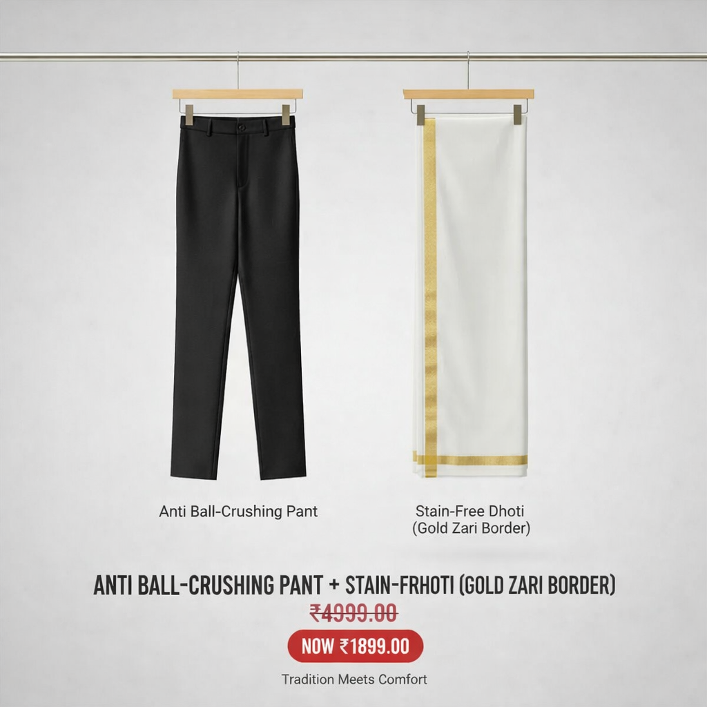 Anti-Ball-Crushing Pant + Stain-Free Dhoti (Gold Jari Border) Combo