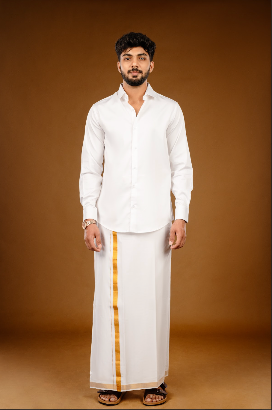 Stain Free Shirt (Half Sleeve) + Stain Free Dhoti (Gold Jari Border) Combo
