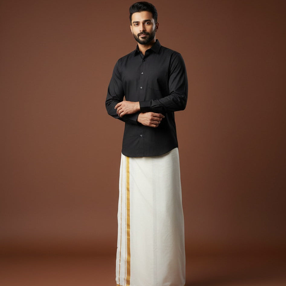 Fade-Free Black Shirt & Stain-Free Dhoti with Gold Zari Combo