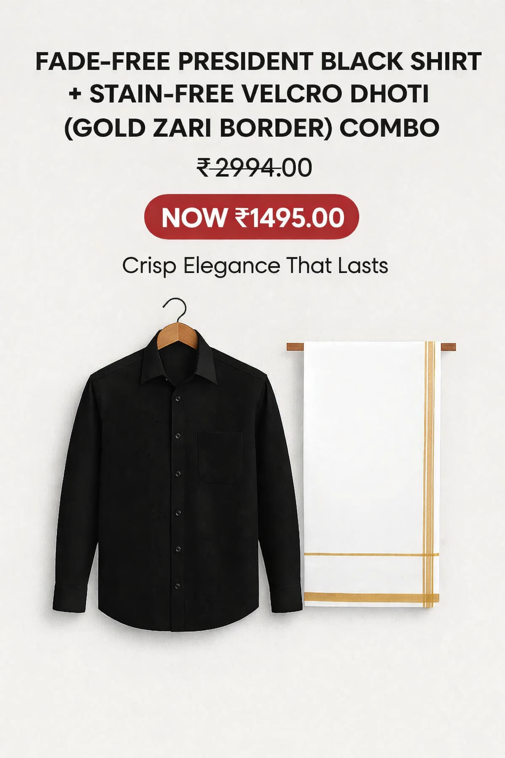 Fade-Free Black Shirt & Stain-Free Dhoti with Gold Zari Combo