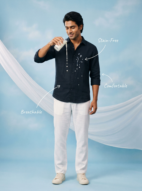 Solid Navy Bamboo Linen Stain - Free Shirt