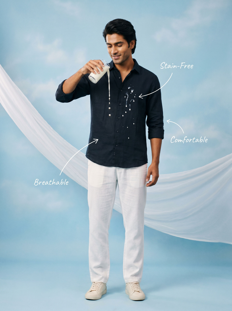 Solid Navy Bamboo Linen Stain - Free Shirt