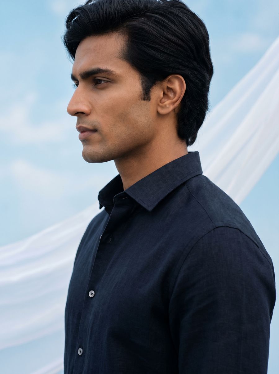 Solid Navy Bamboo Linen Stain - Free Shirt