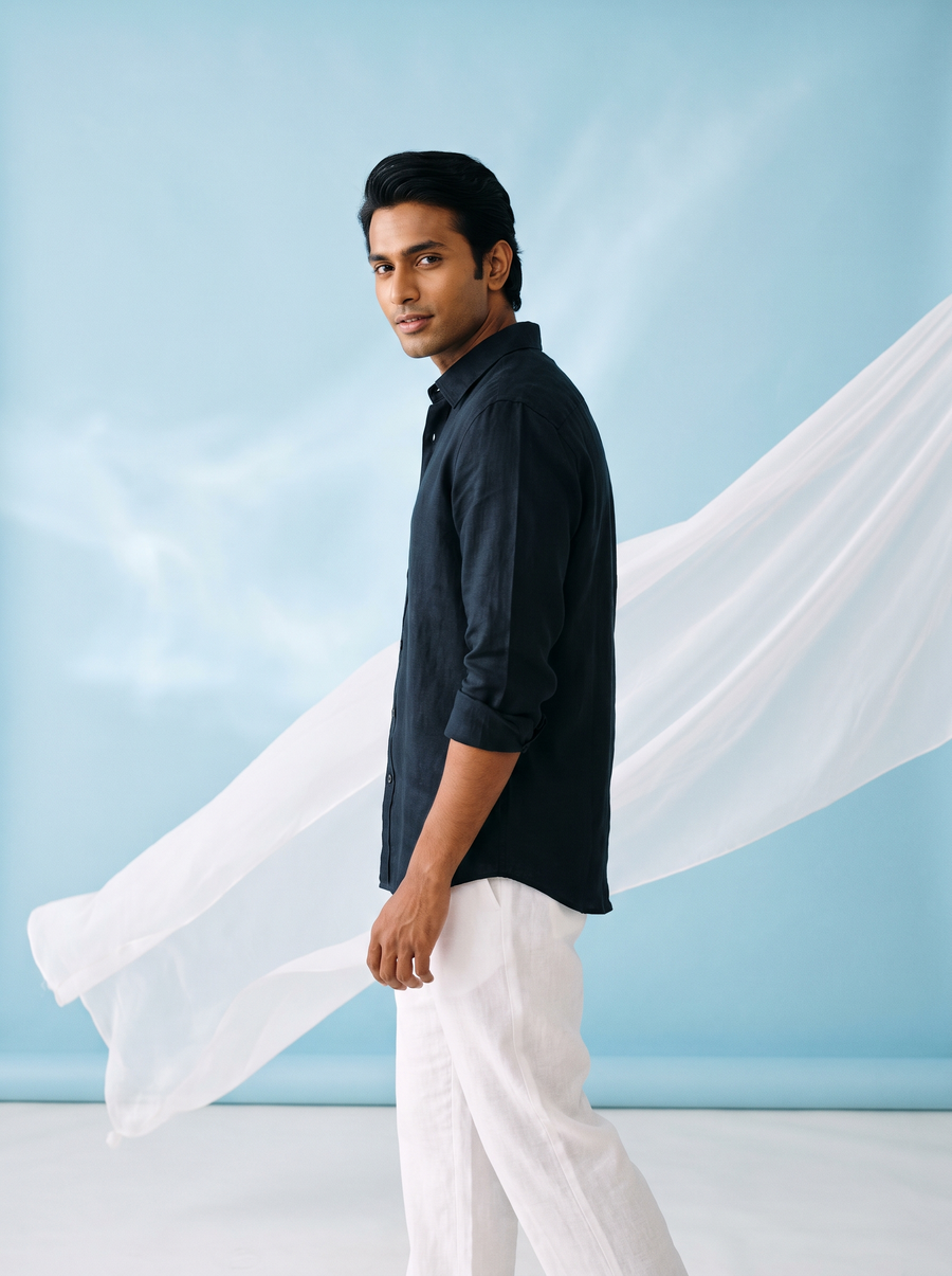 Solid Navy Bamboo Linen Stain - Free Shirt