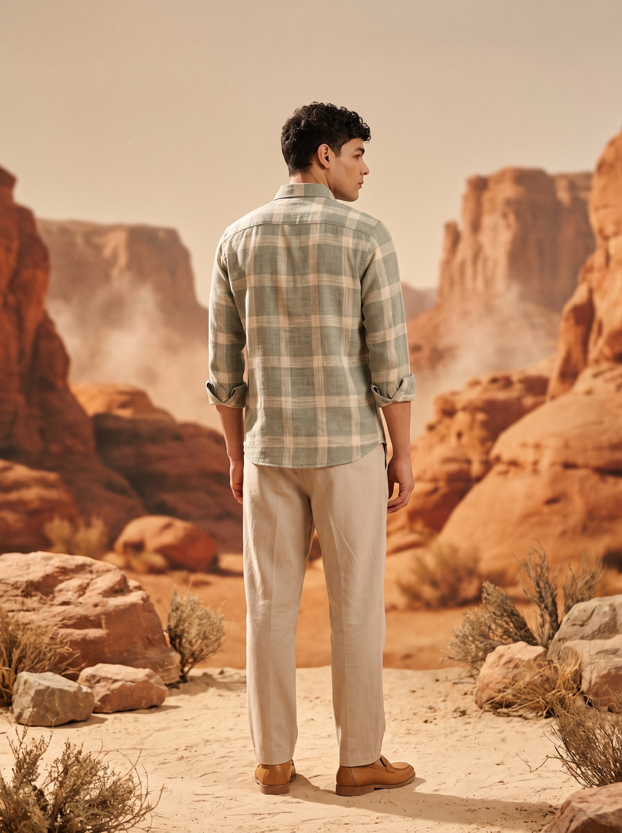 Creamy Green Checked Flannel Stain-Free Shirt