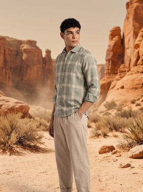 Creamy Green Checked Flannel Stain-Free Shirt