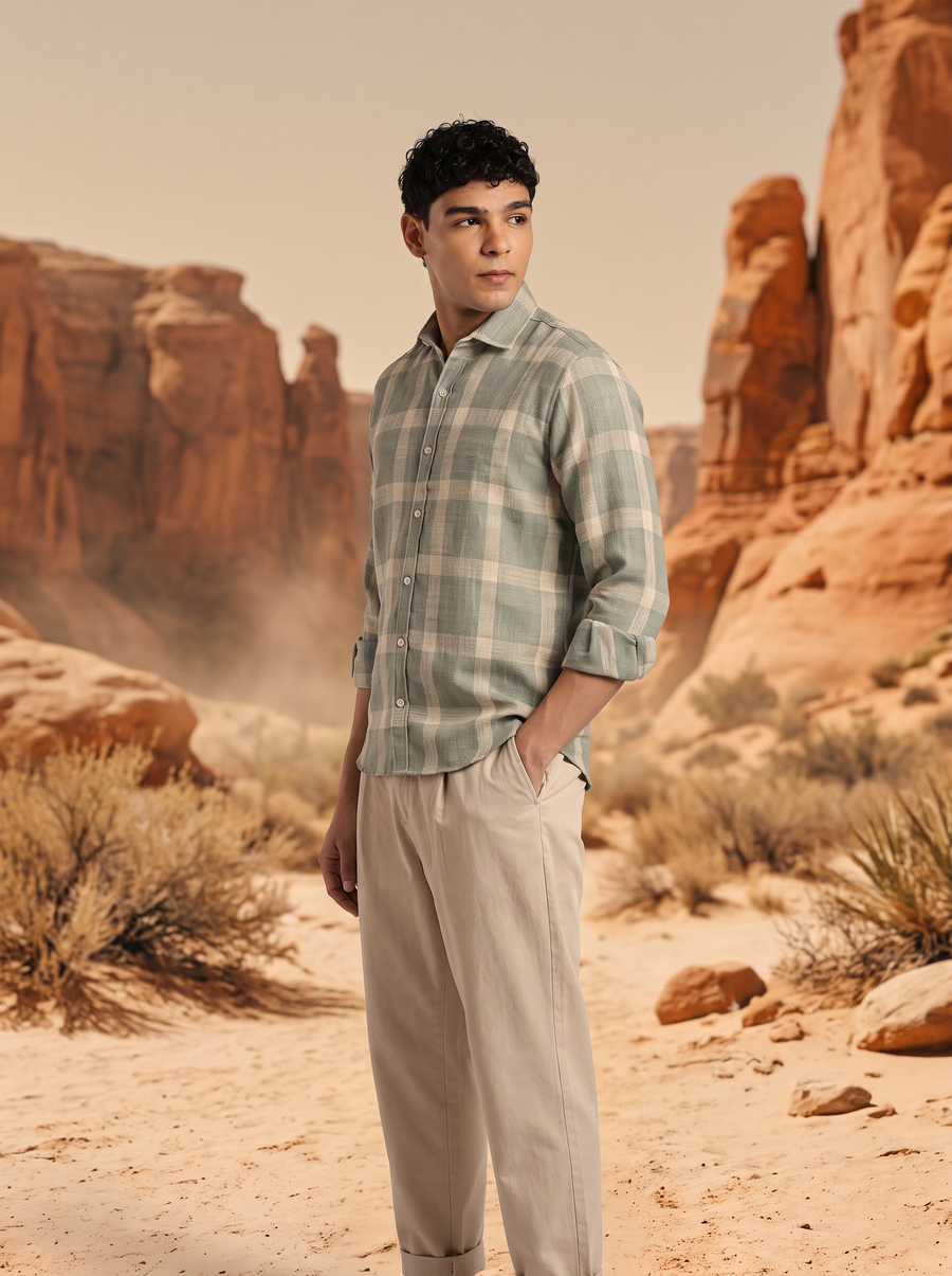 Creamy Green Checked Flannel Stain-Free Shirt