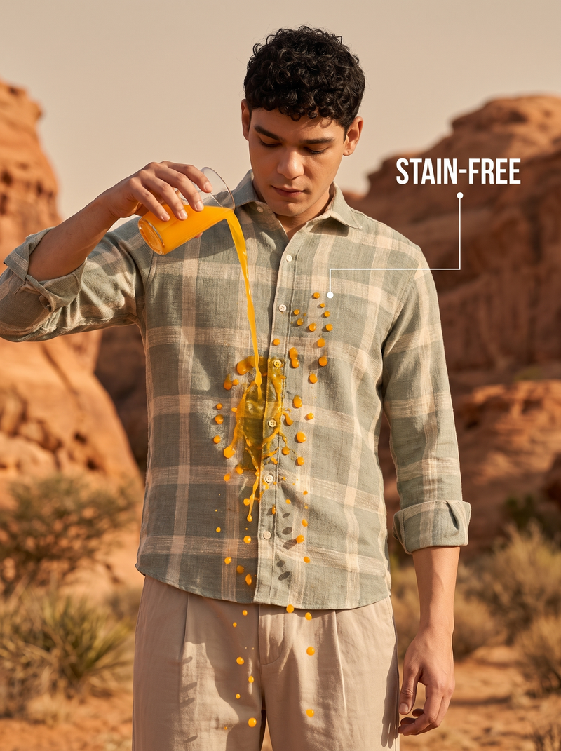 Creamy Green Checked Flannel Stain-Free Shirt