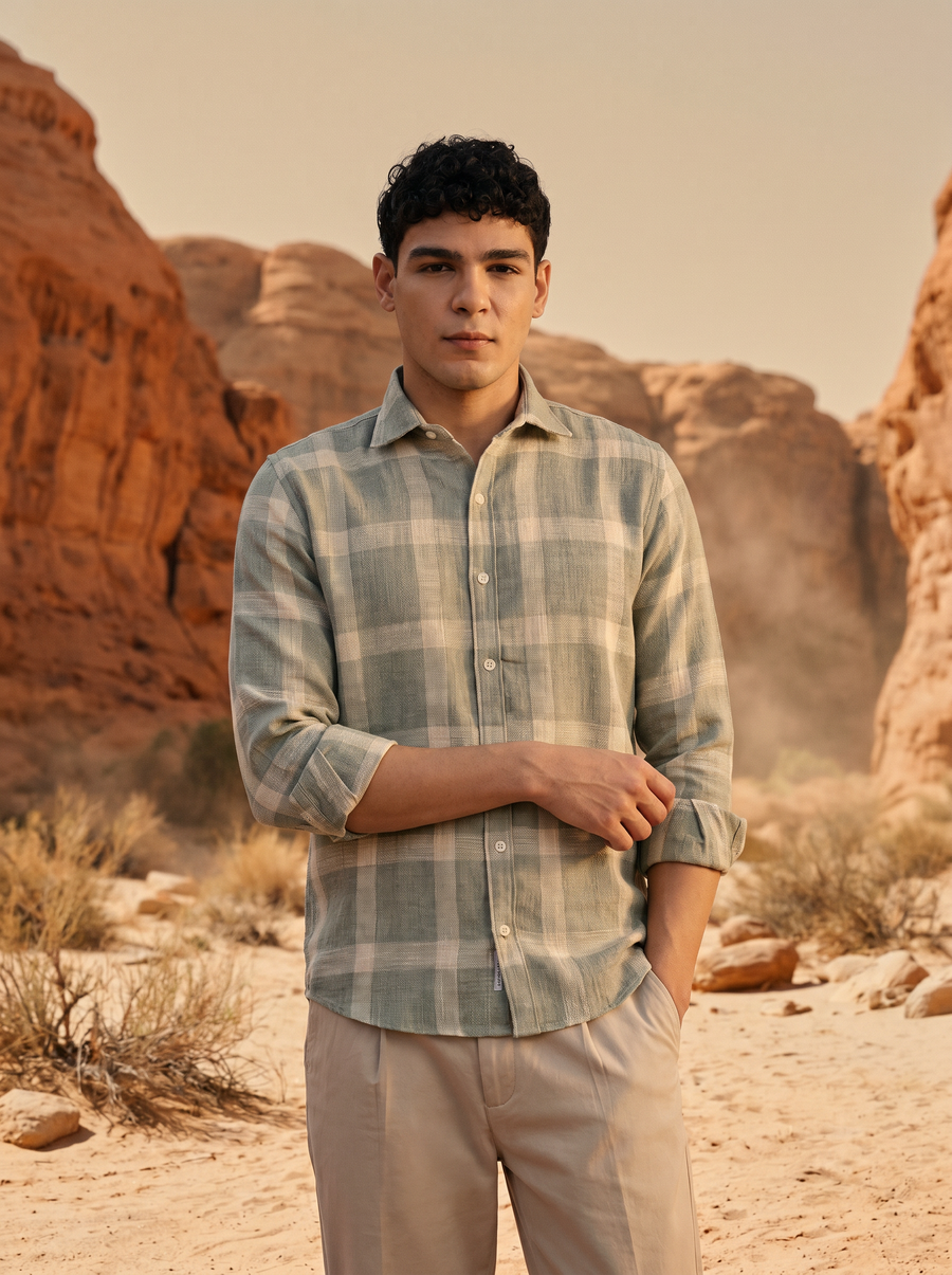 Creamy Green Checked Flannel Stain-Free Shirt