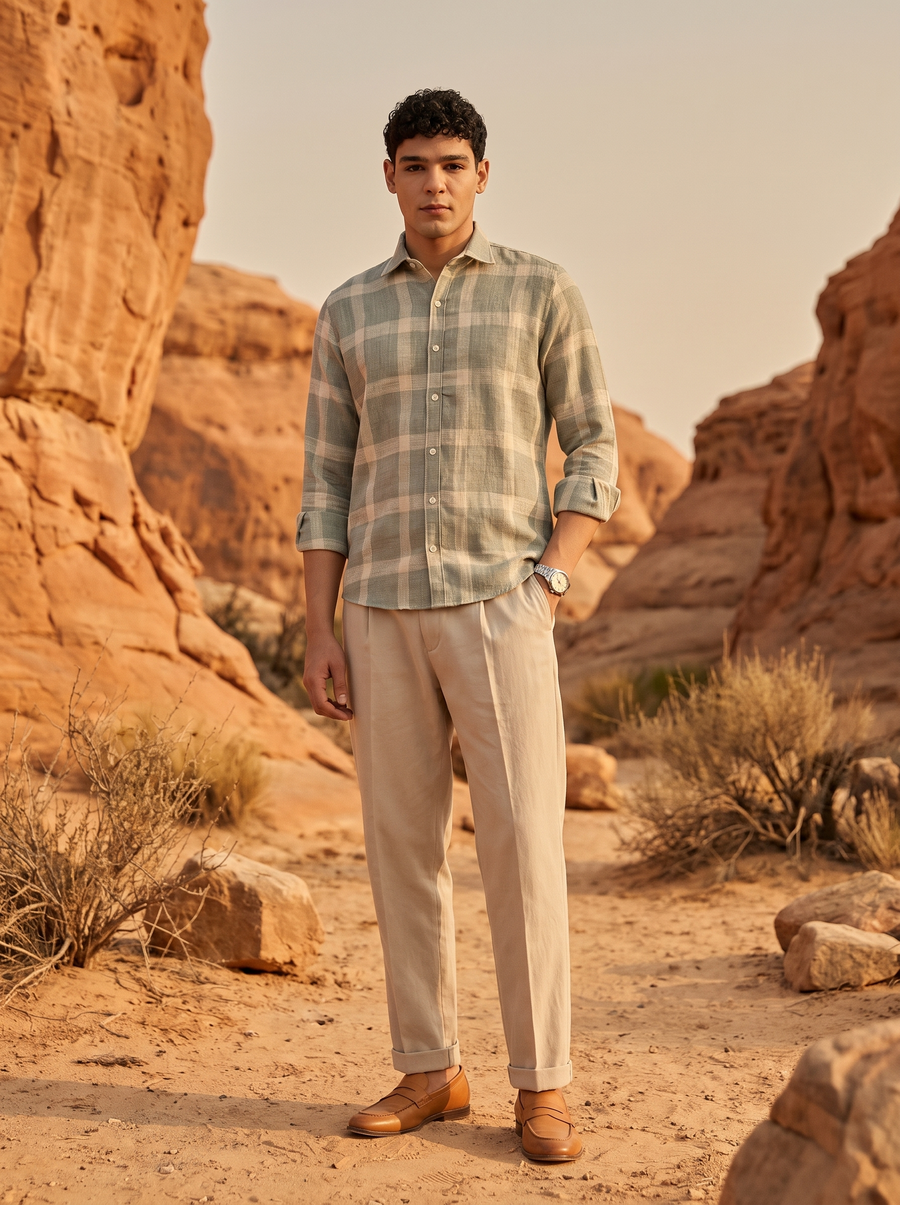 Creamy Green Checked Flannel Stain-Free Shirt