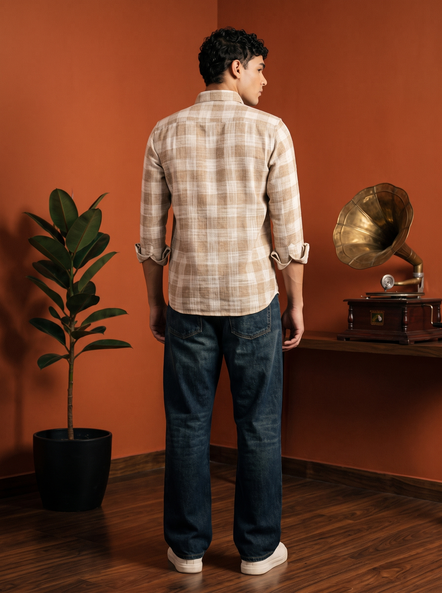 Brown & Beige Checked Stain-Free Flannel Shirt
