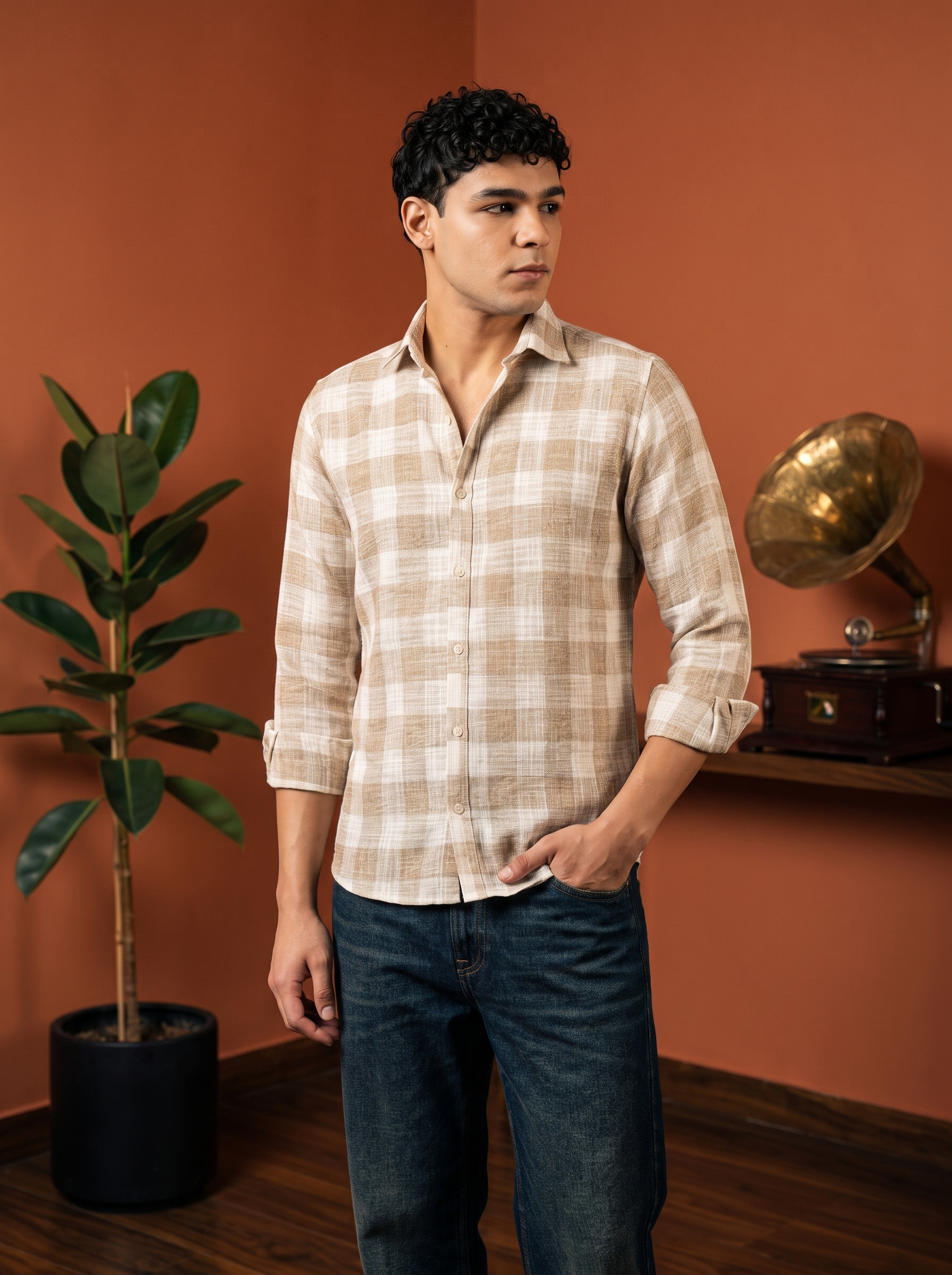 Brown & Beige Checked Stain-Free Flannel Shirt