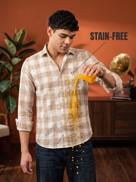 Brown & Beige Checked Stain-Free Flannel Shirt