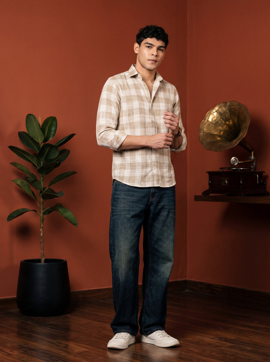 Brown & Beige Checked Stain-Free Flannel Shirt