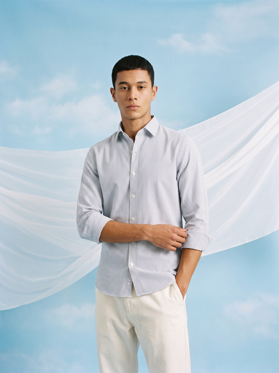 Blue Striped Bamboo Linen Stain-Free Shirt
