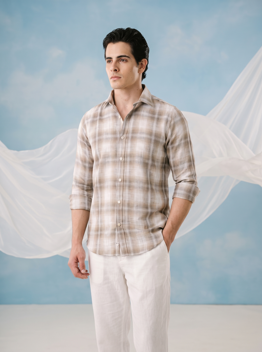 Sand Check Bamboo Linen Stain-Free Shirt