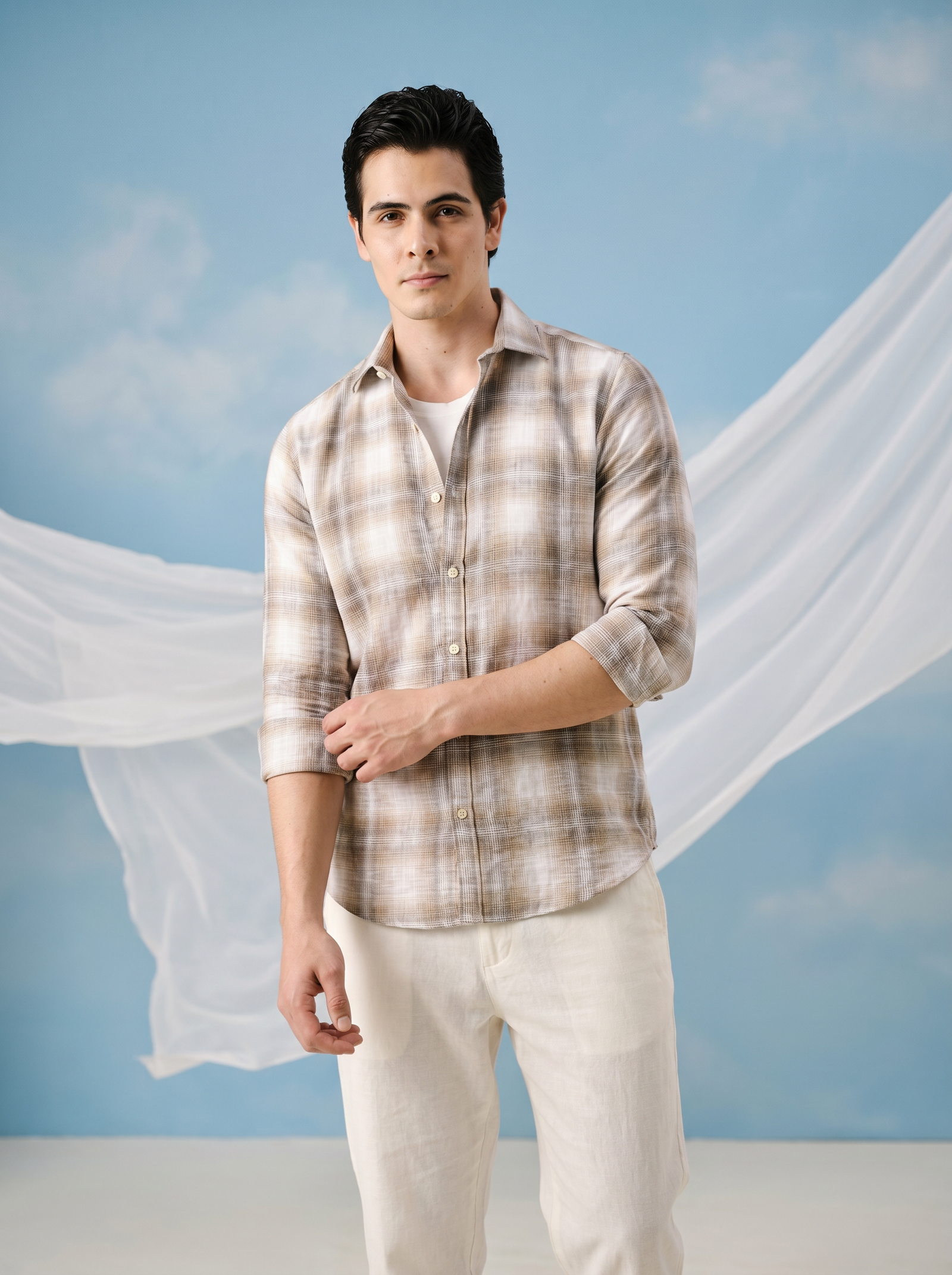 Sand Check Bamboo Linen Stain-Free Shirt