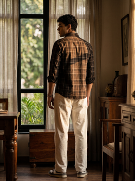 Roasted Coffee Checked Bamboo Linen Stain-Free Shirt