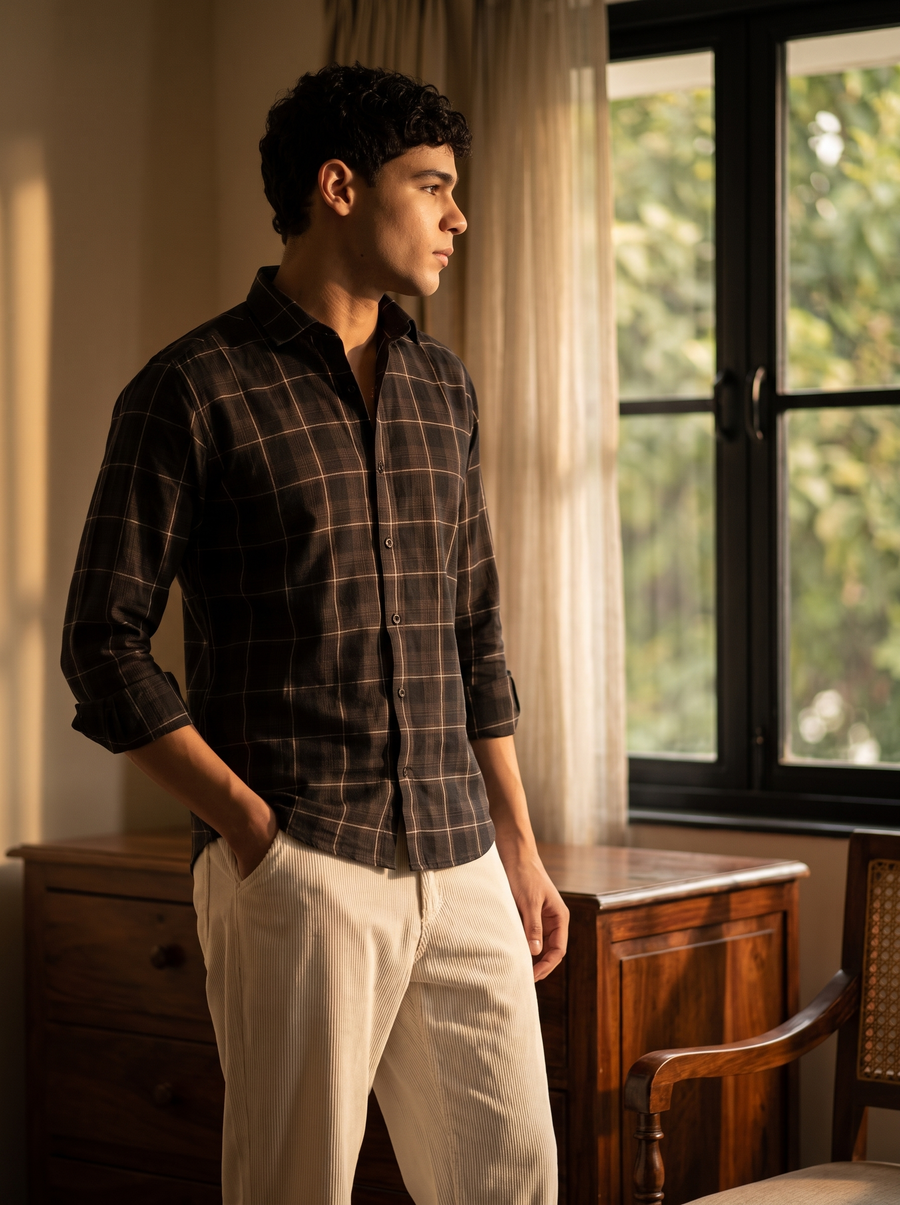 Roasted Coffee Checked Bamboo Linen Stain-Free Shirt