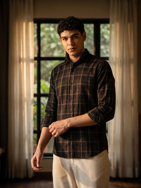 Roasted Coffee Checked Bamboo Linen Stain-Free Shirt