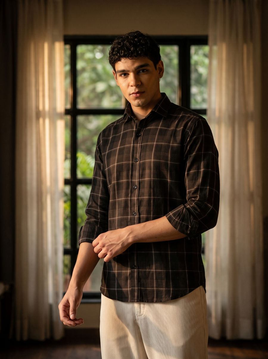 Roasted Coffee Checked Bamboo Linen Stain-Free Shirt