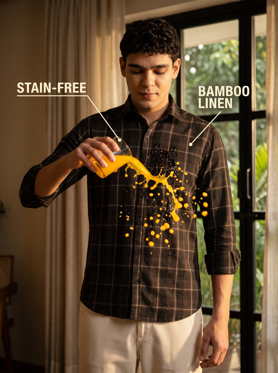 Roasted Coffee Checked Bamboo Linen Stain-Free Shirt