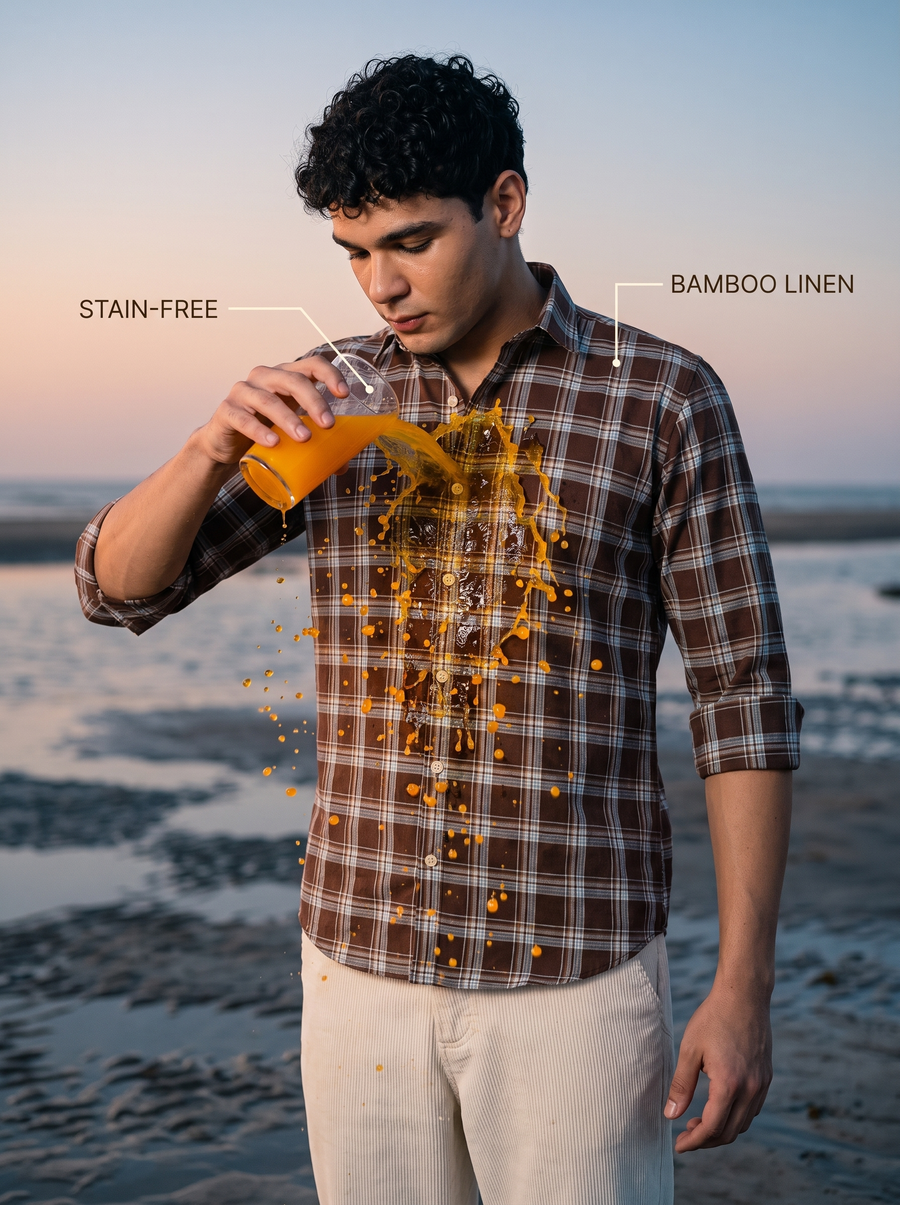 Dark Earth Checked Bamboo Linen Stain-Free Shirt