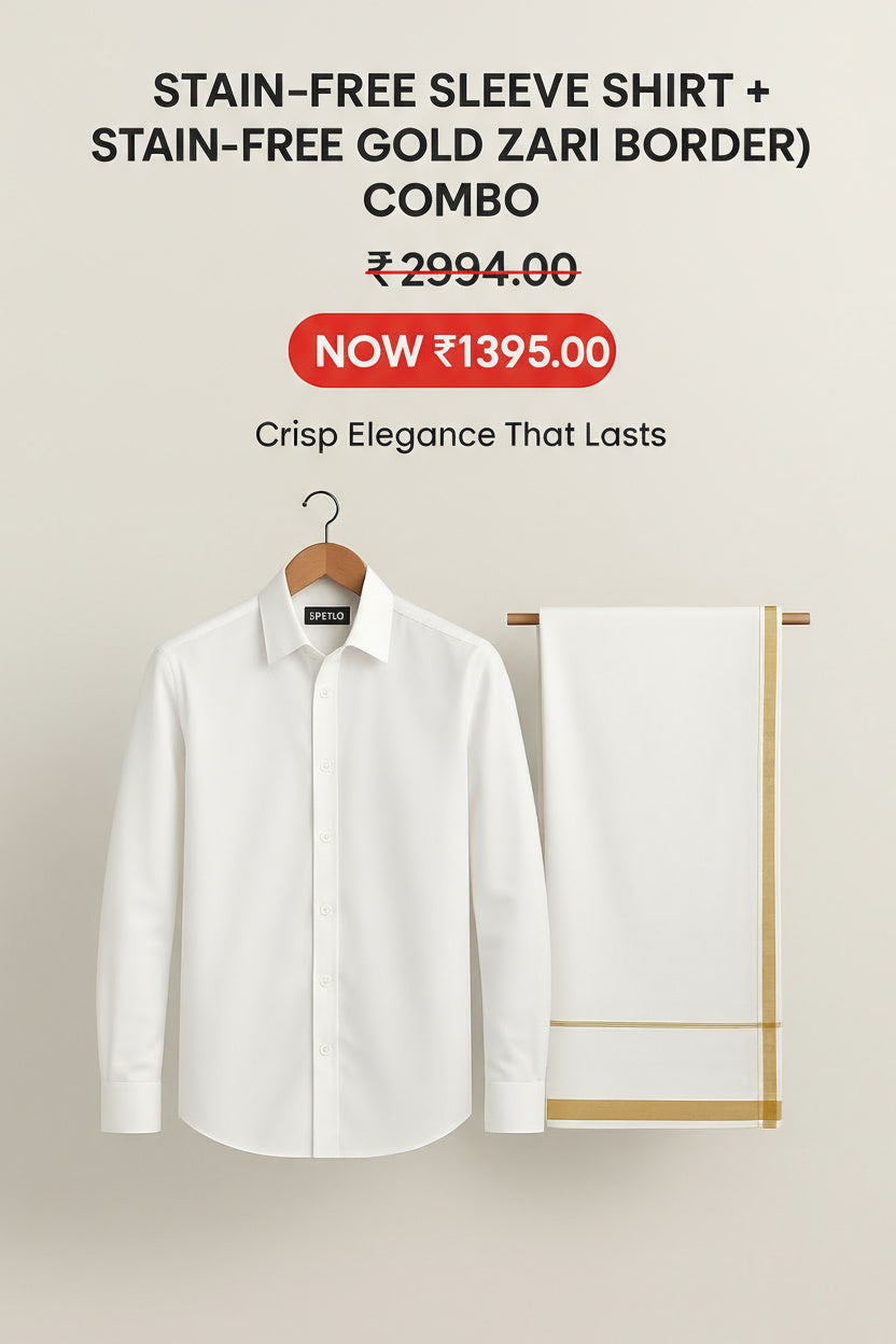 Stain Free Shirt (Full Sleeve) + Stain Free Dhoti (Gold Jari Border) Combo