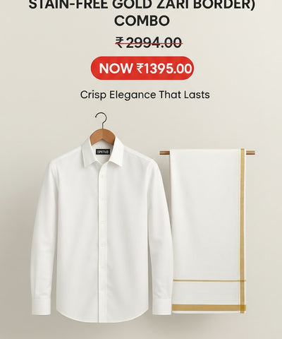 Stain Free Shirt (Full Sleeve) + Stain Free Dhoti (Gold Jari Border) Combo