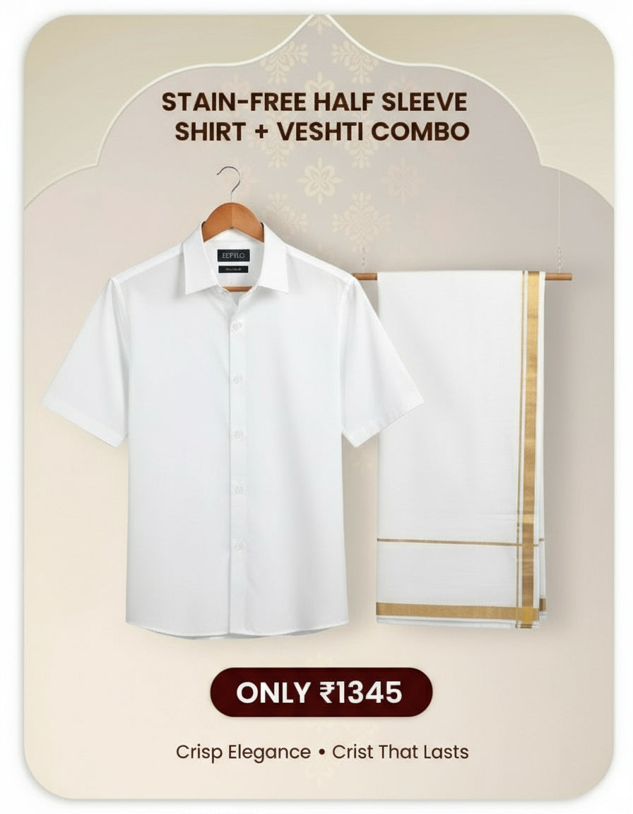 Stain Free Shirt (Half Sleeve) + Stain Free Dhoti (Gold Jari Border) Combo