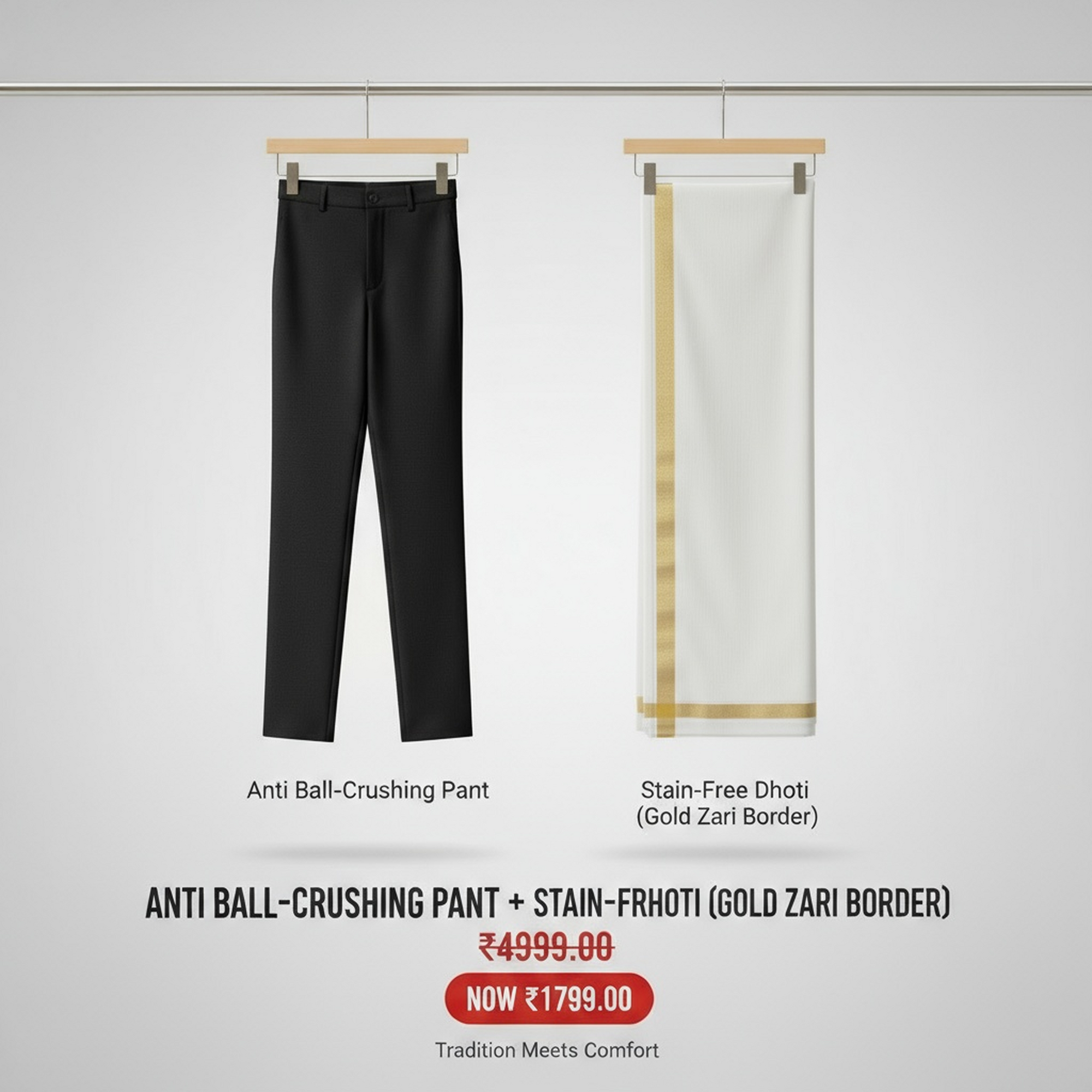 Anti-Ball-Crushing Pant + Stain-Free Dhoti (Gold Jari Border) Combo