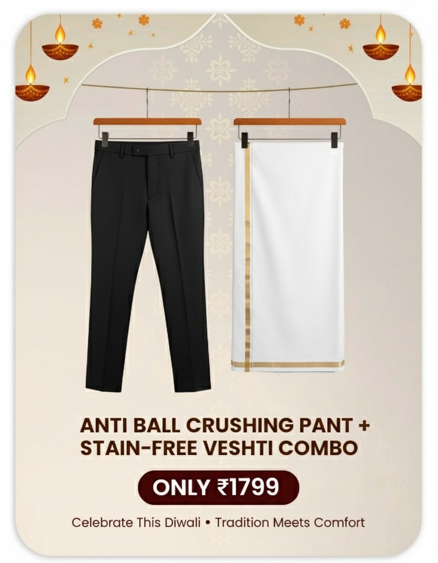 Anti-Ball-Crushing Pant + Stain-Free Dhoti (Gold Jari Border) Combo