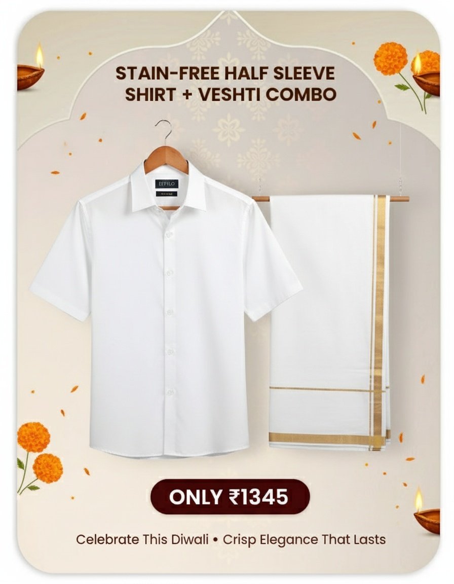 Stain Free Shirt (Half Sleeve) + Stain Free Dhoti (Gold Jari Border) Combo